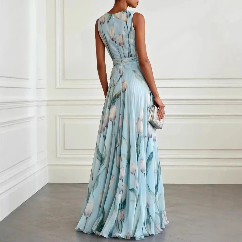 Chiffon Maxi Dress with V-Neck and Flutter Sleeves