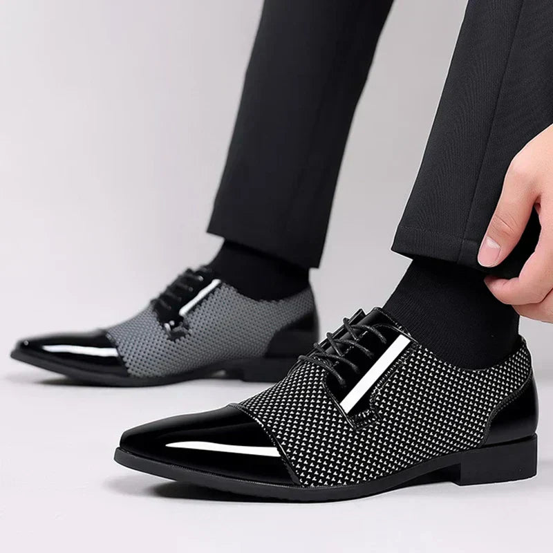 Patent Cap-Toe Oxford Shoes with Textured Upper