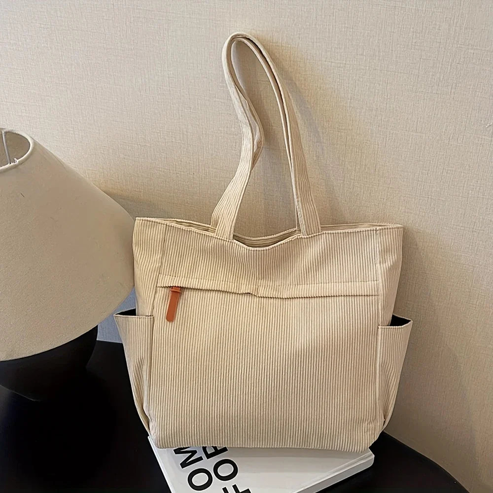 Tote Bag in Corduroy with Side Pocket for Everyday Use