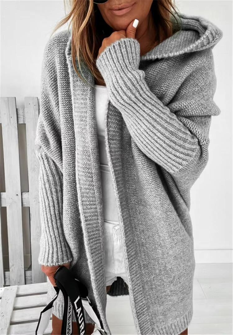 Cardigan en maille à capuche pour femme avec manches chauve-souris