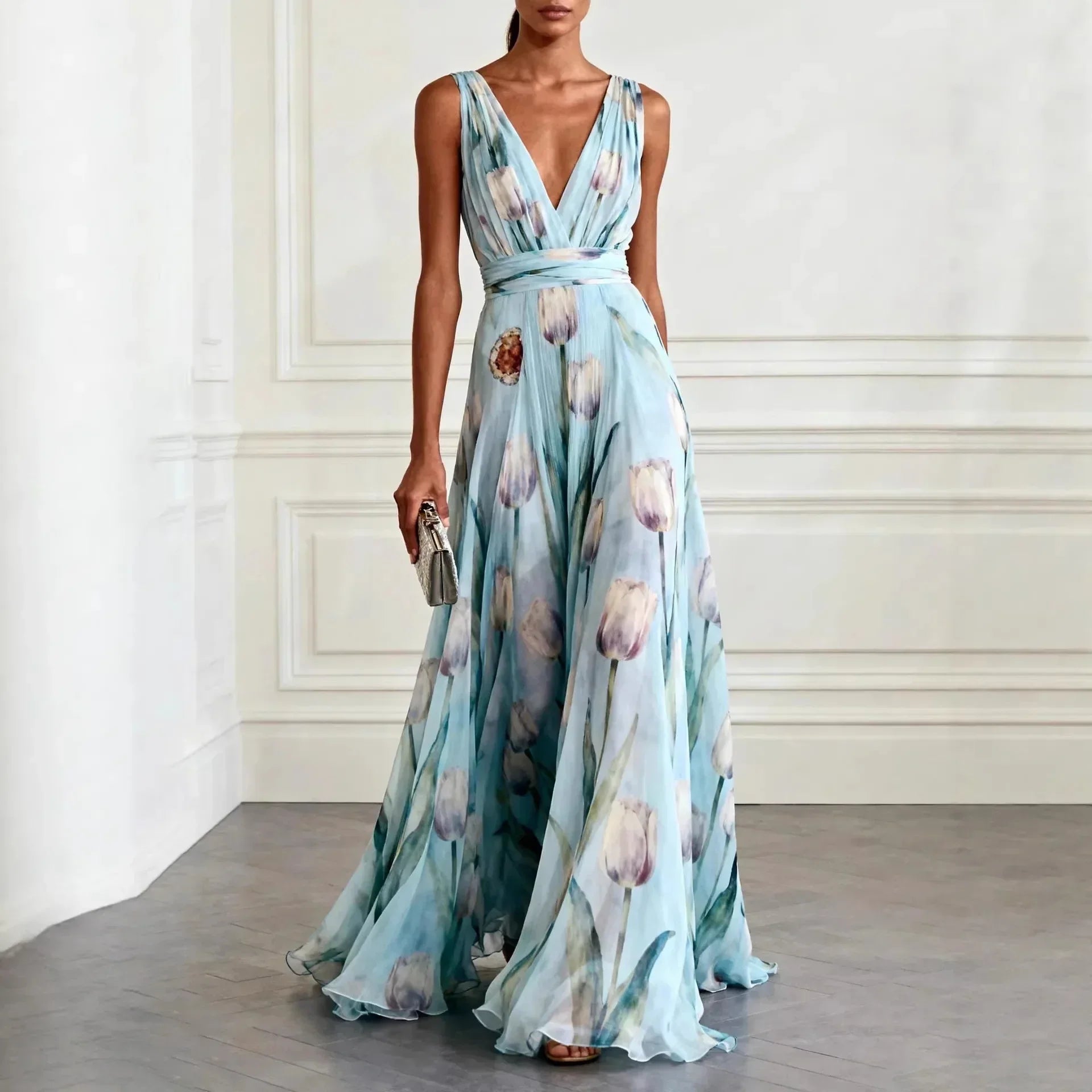 Chiffon Maxi Dress with V-Neck and Flutter Sleeves