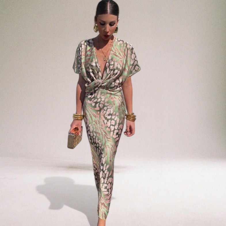 Printed Maxi Dress with Deep V-Neck and Kimono Sleeves