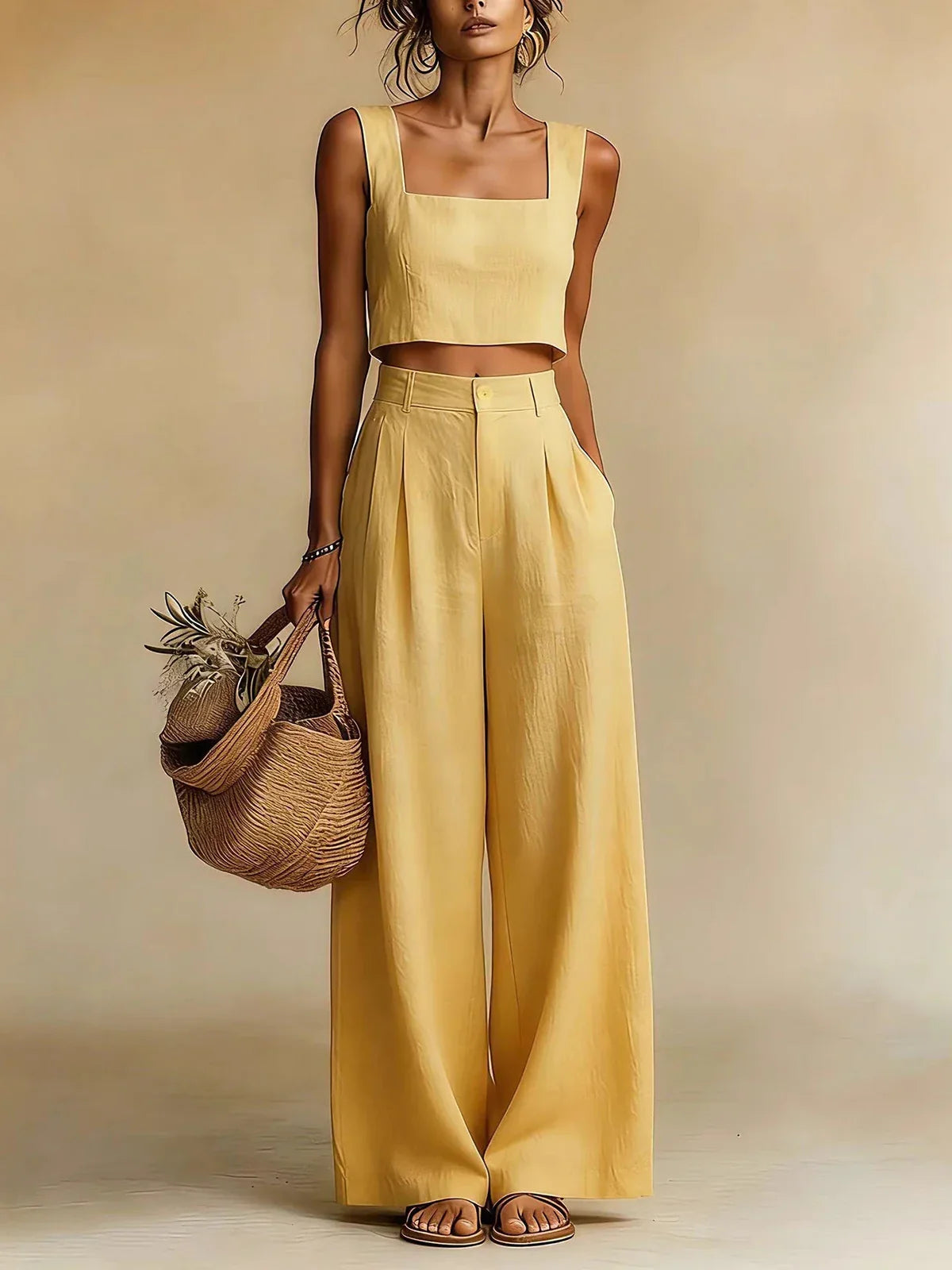 Square-Neck Crop Top and Wide-Leg Trouser Set