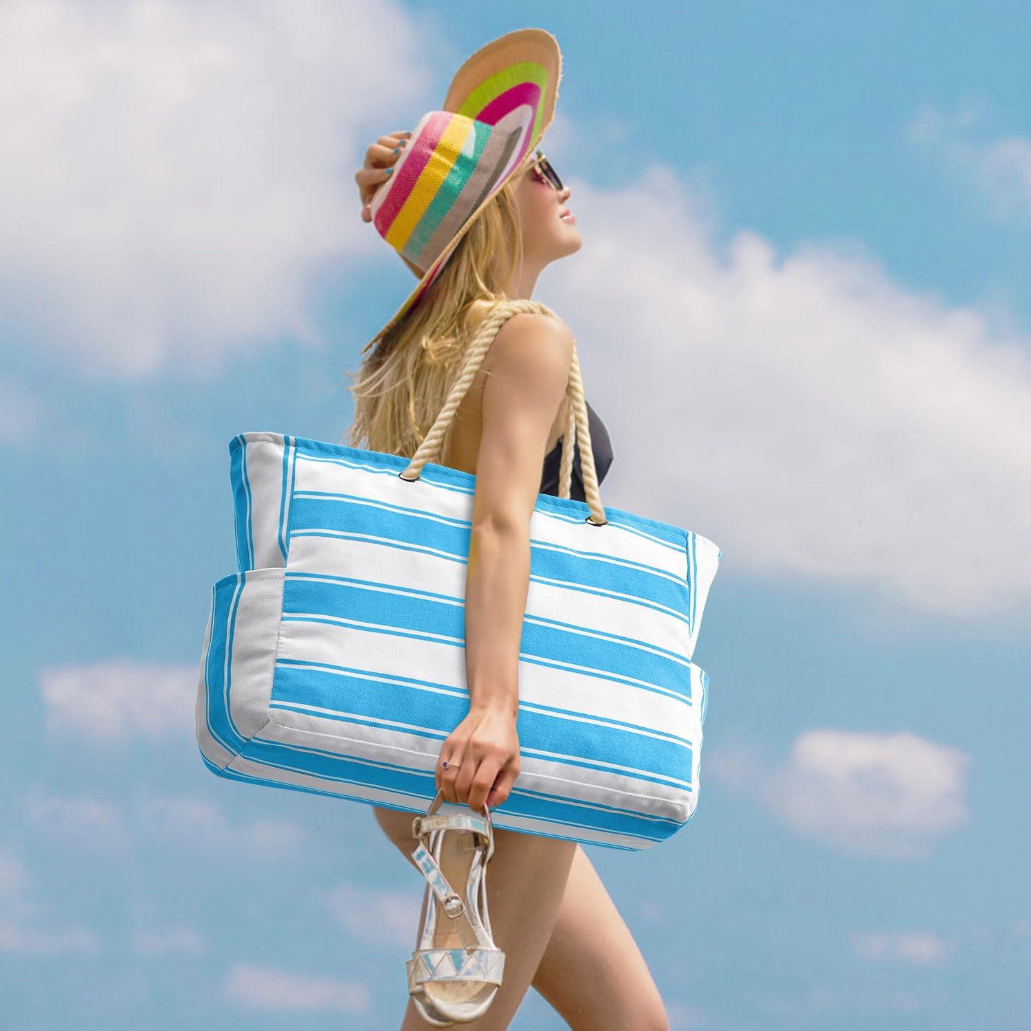 Striped Canvas Tote Bag with Rope Handles