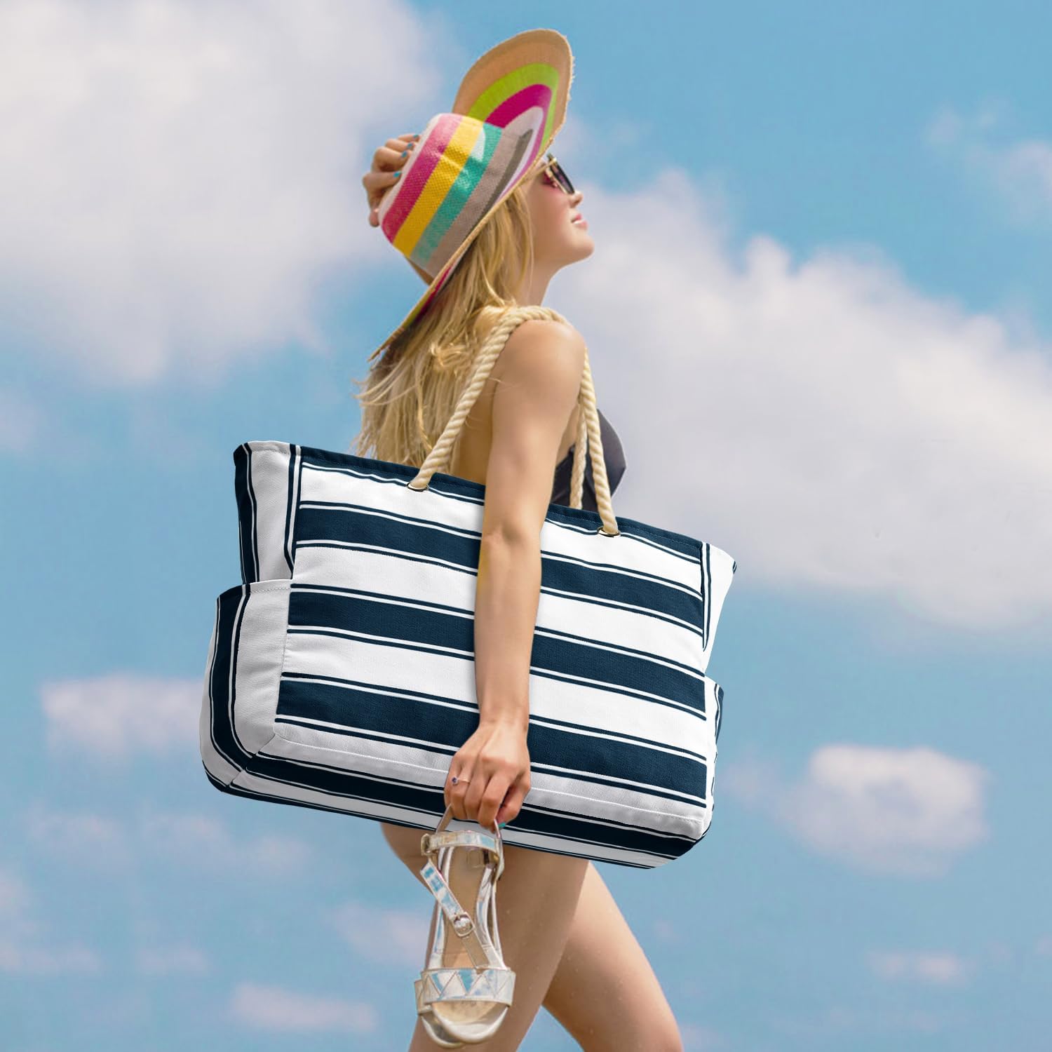 Striped Canvas Tote Bag with Rope Handles