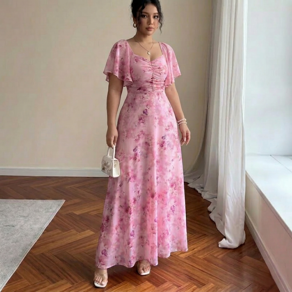 Robe longue fleurie pour femme, froncée, à manches volantées