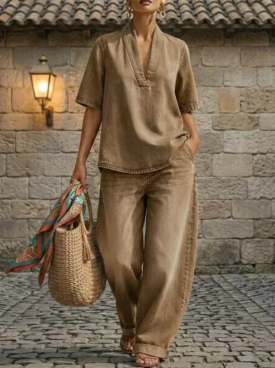 Denim-Look Top and Wide-Leg Trouser Set