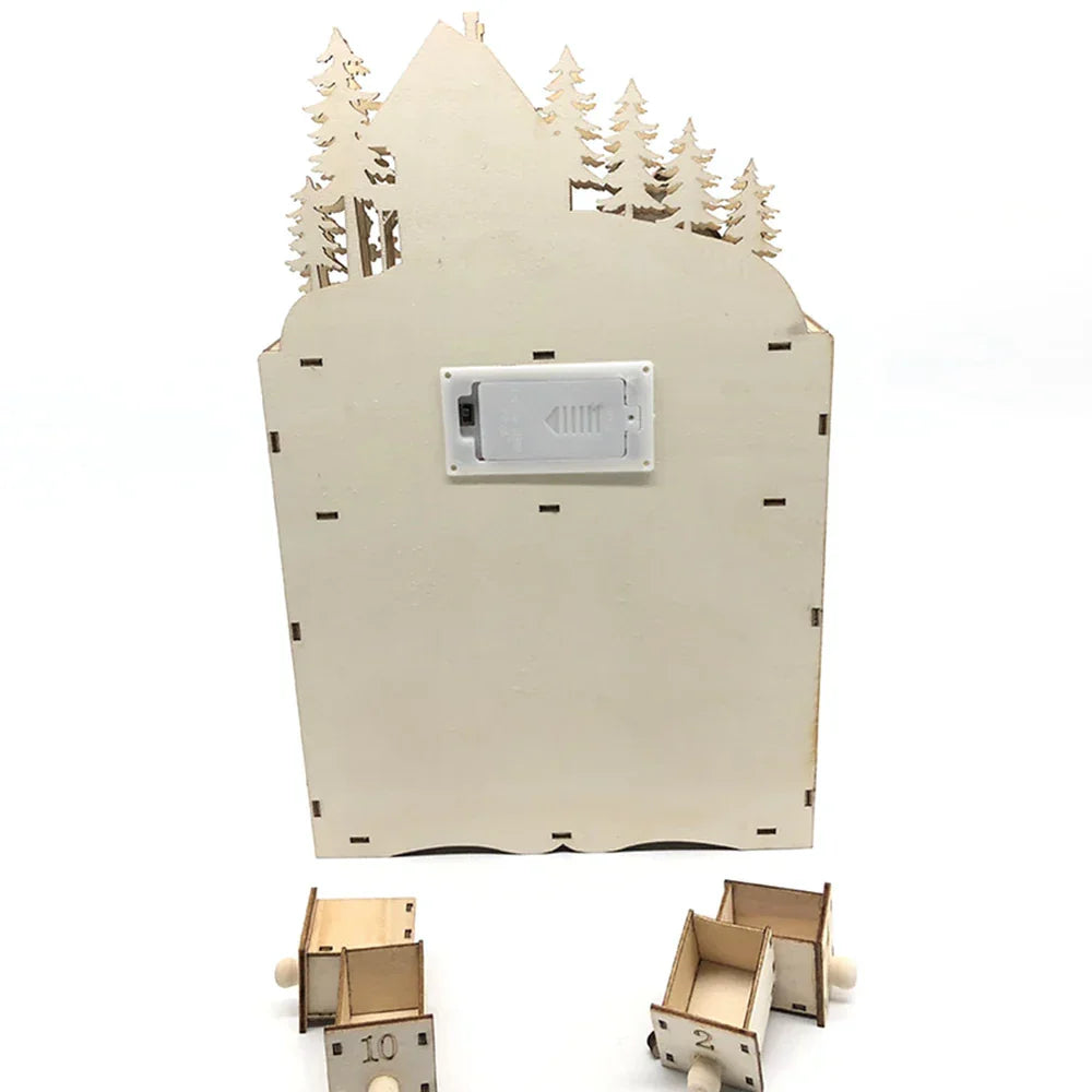 Calendrier de l’Avent en bois avec scène de village de rennes lumineuse
