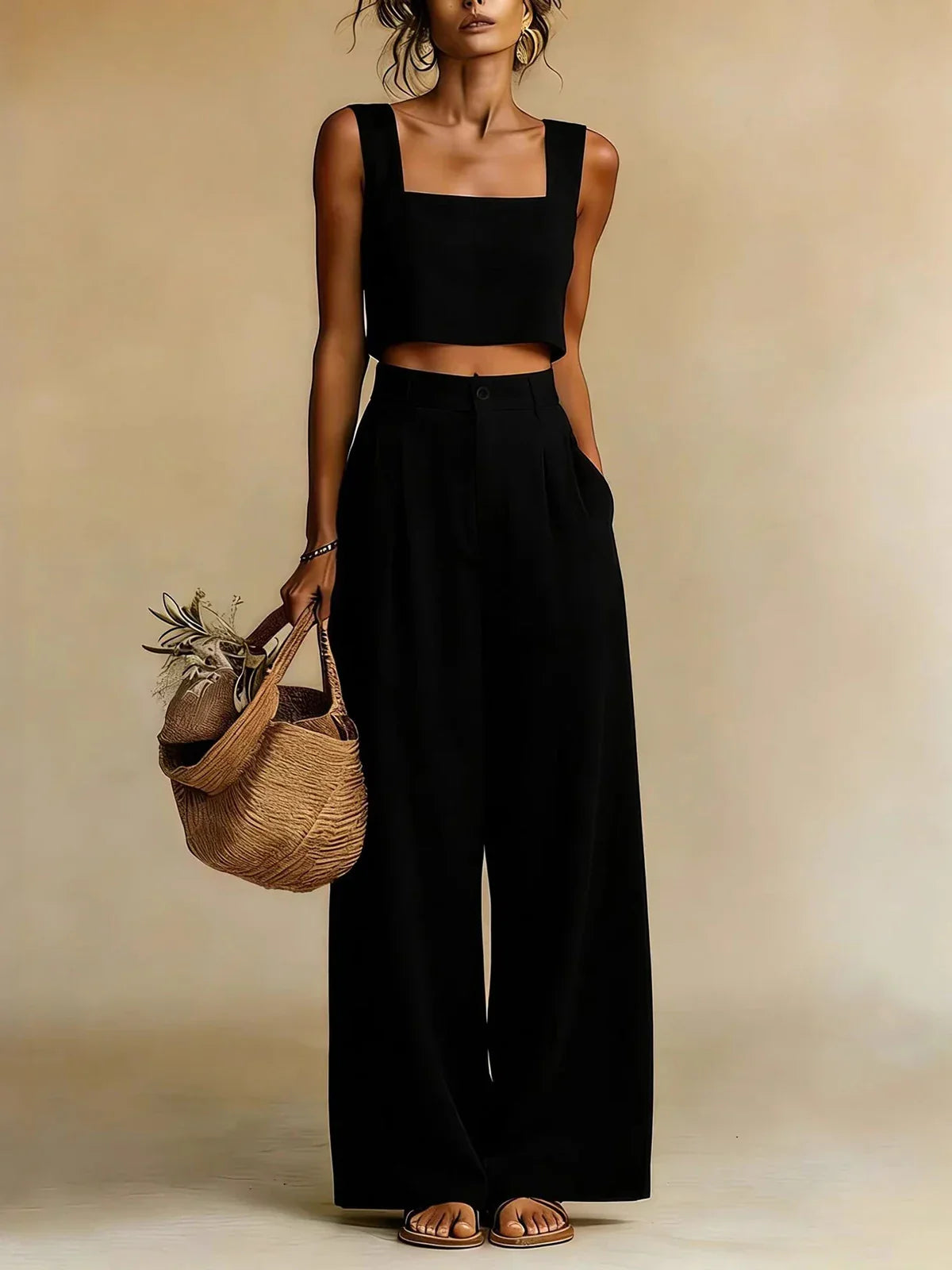 Square-Neck Crop Top and Wide-Leg Trouser Set