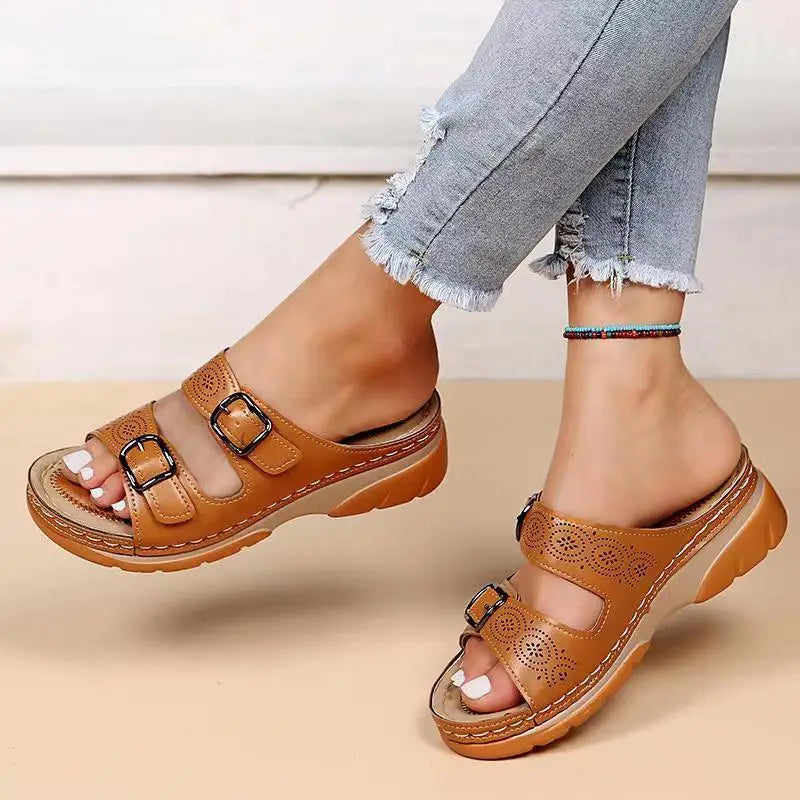 Leather Wedge Sandals with Perforated Buckle Straps