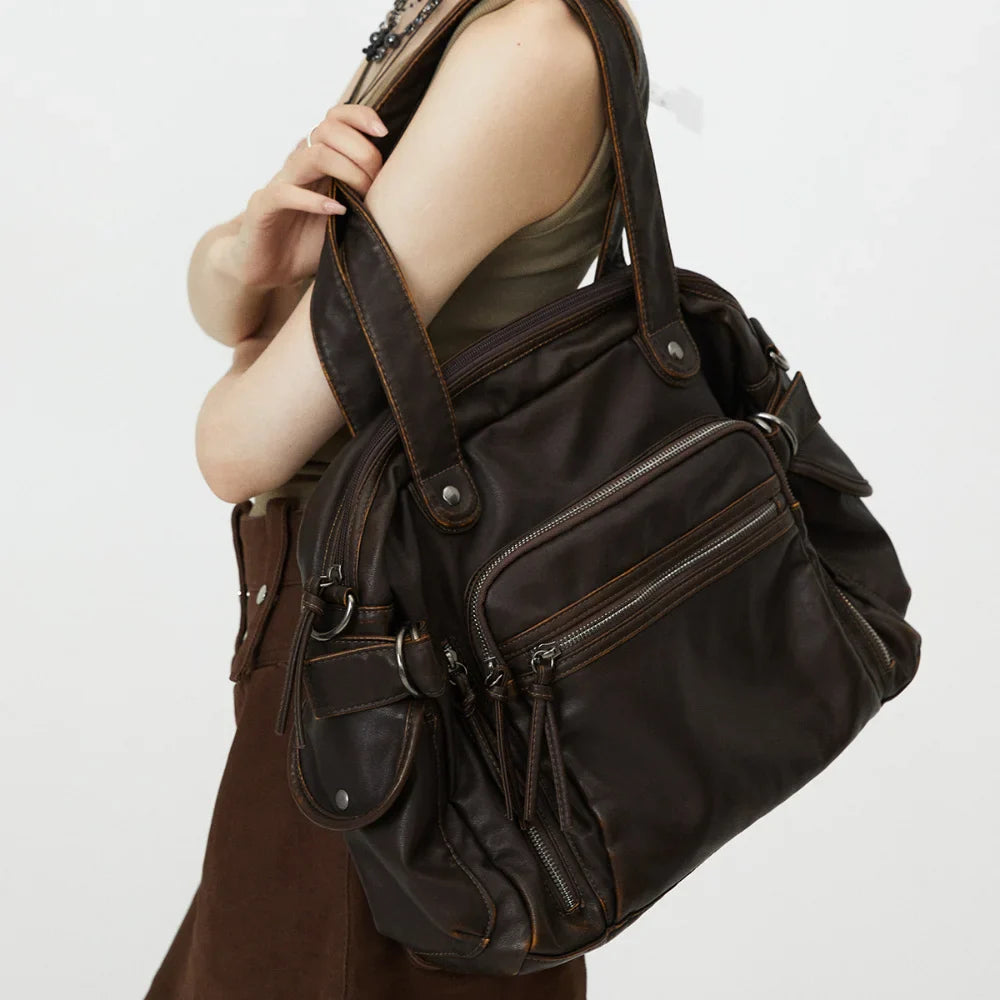 Shoulder Bag in Faux Leather with Multiple Zip Pockets