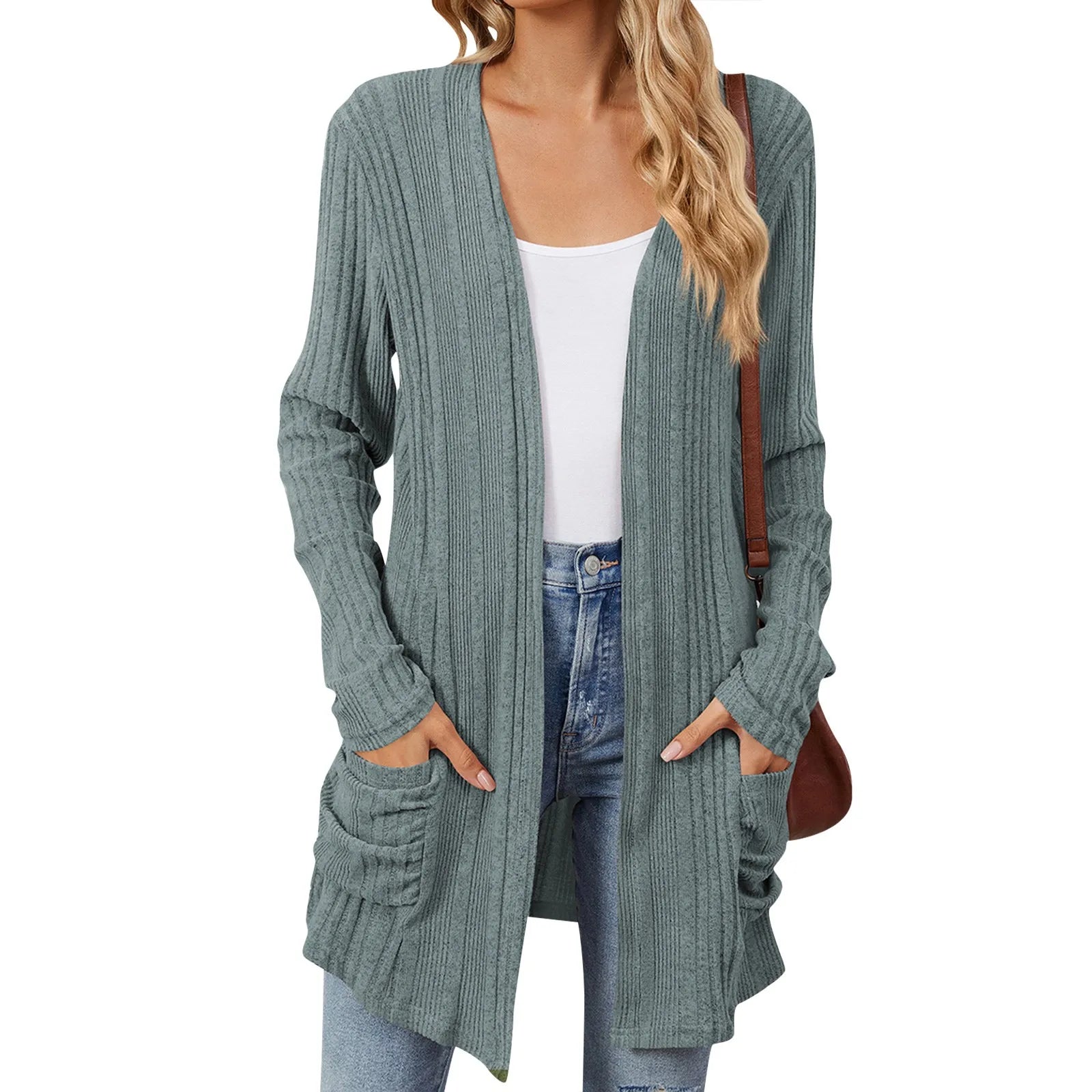 Gilet long côtelé à pans ouverts pour femme