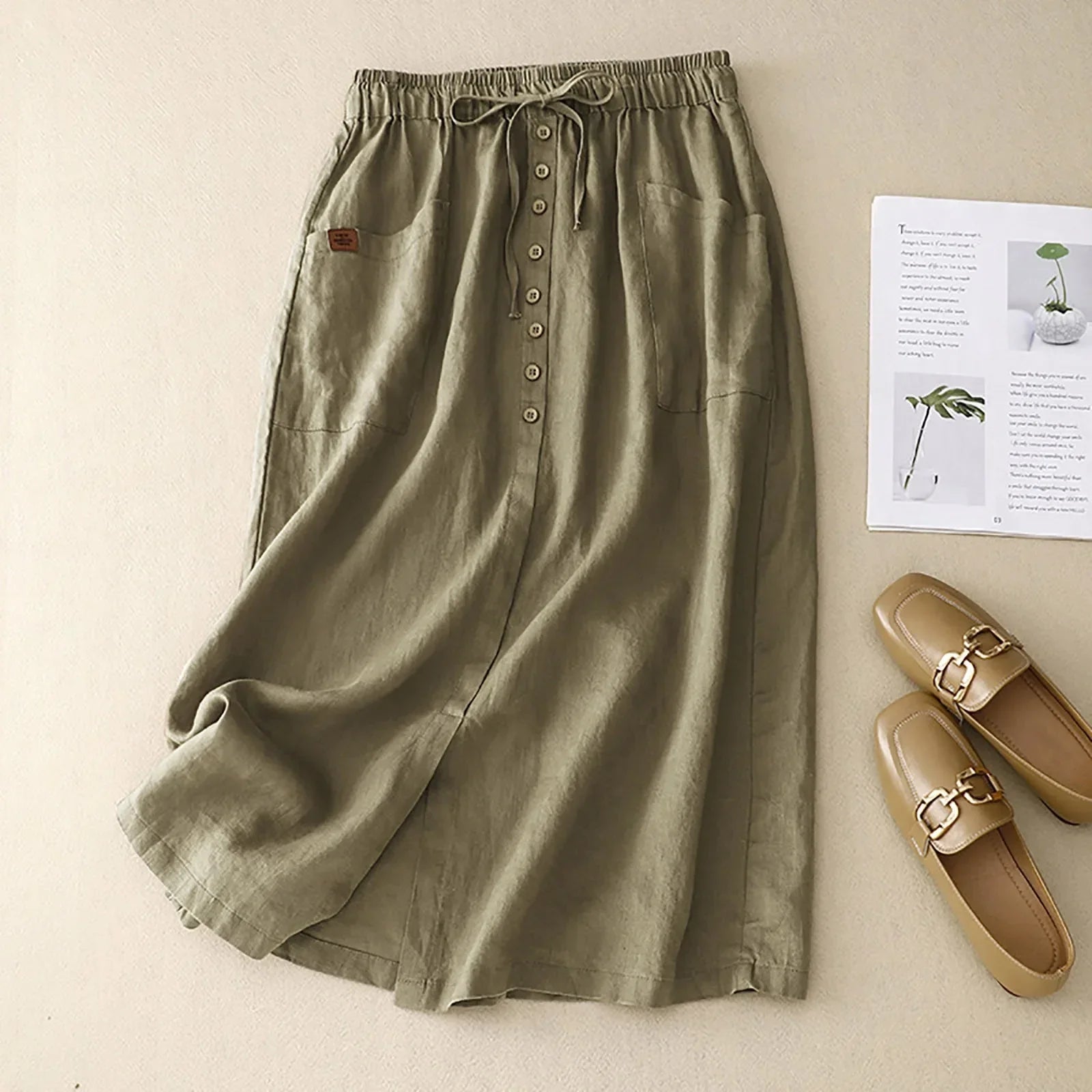 Women's Linen Blend Button Front Midi Skirt