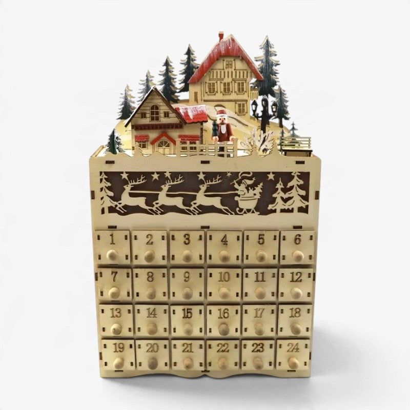 Wooden Advent Calendar with Reindeer Scene | 24 Drawers