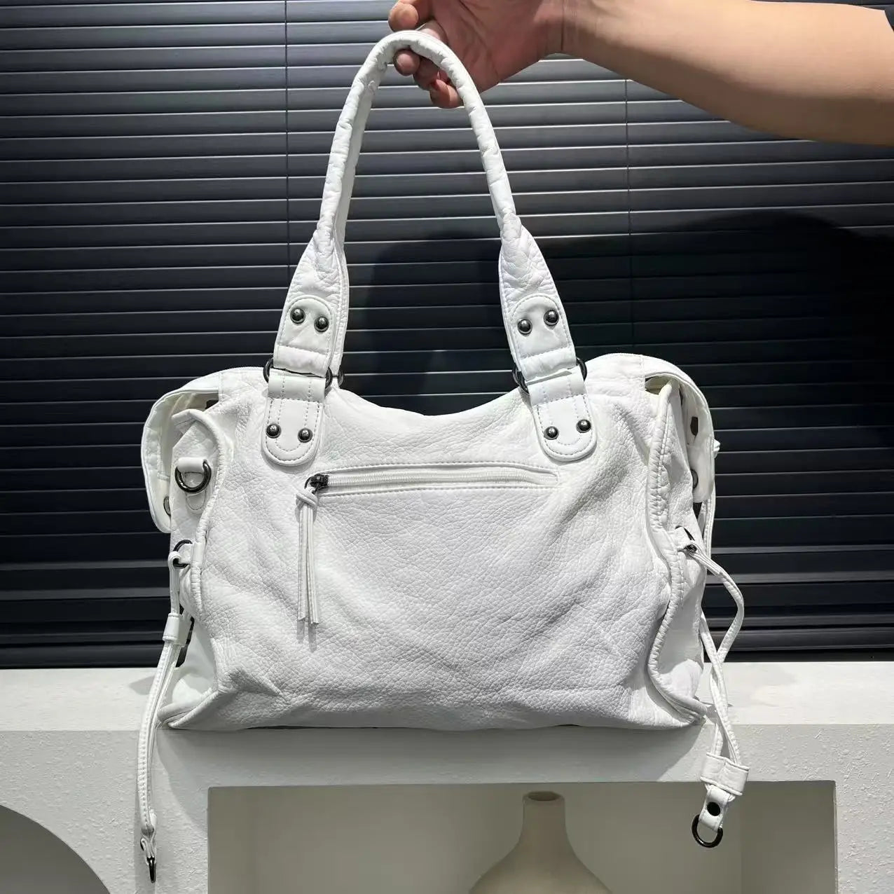 Shoulder Bag in Faux Leather with Studded Braided Trim