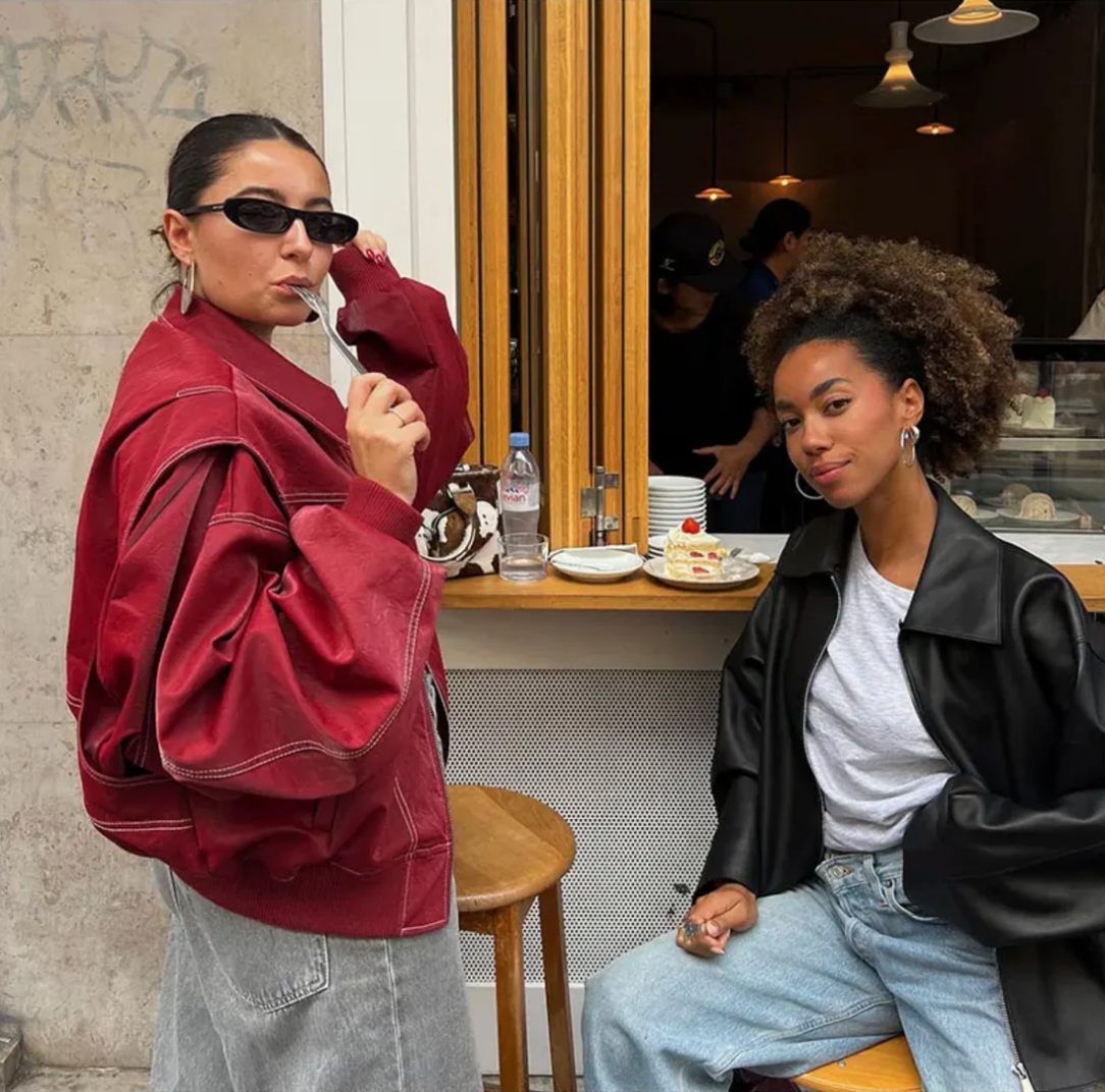 Women's Oversized Contrast Stitch Leather-Look Bomber Jacket