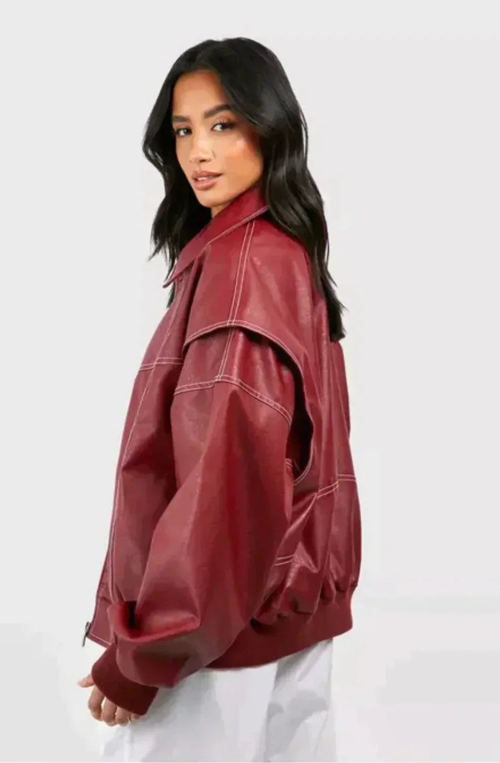 Women's Oversized Contrast Stitch Leather-Look Bomber Jacket