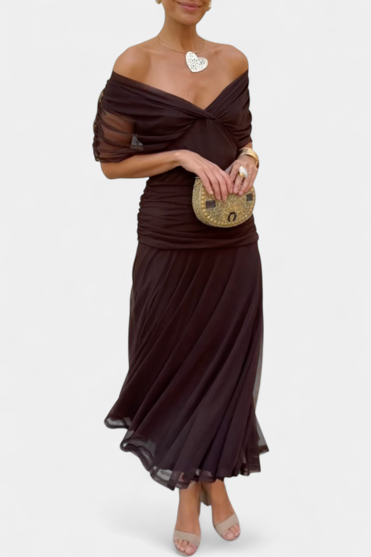 Off-Shoulder Midi Dress with Ruched Bodice