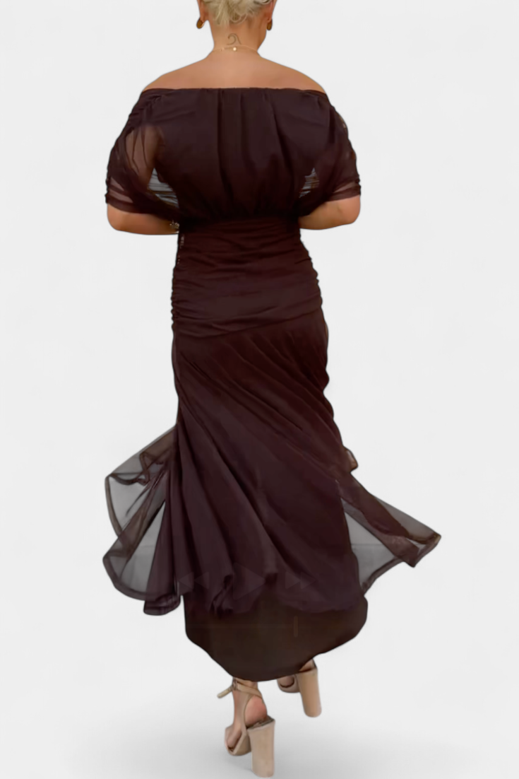 Off-Shoulder Midi Dress with Ruched Bodice