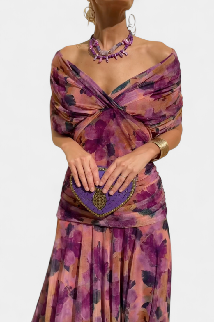 Off-Shoulder Midi Dress with Ruched Bodice
