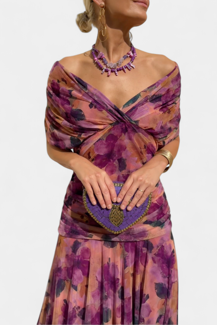Off-Shoulder Midi Dress with Ruched Bodice