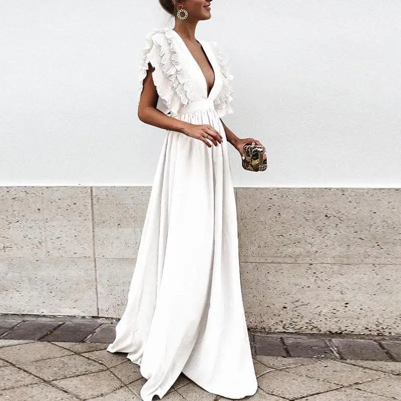 Women's Ruffle Trim Plunge Neck Maxi Dress