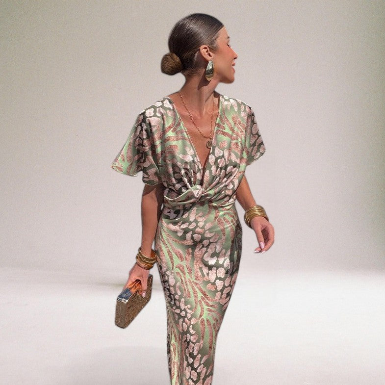 Printed Maxi Dress with Deep V-Neck and Kimono Sleeves