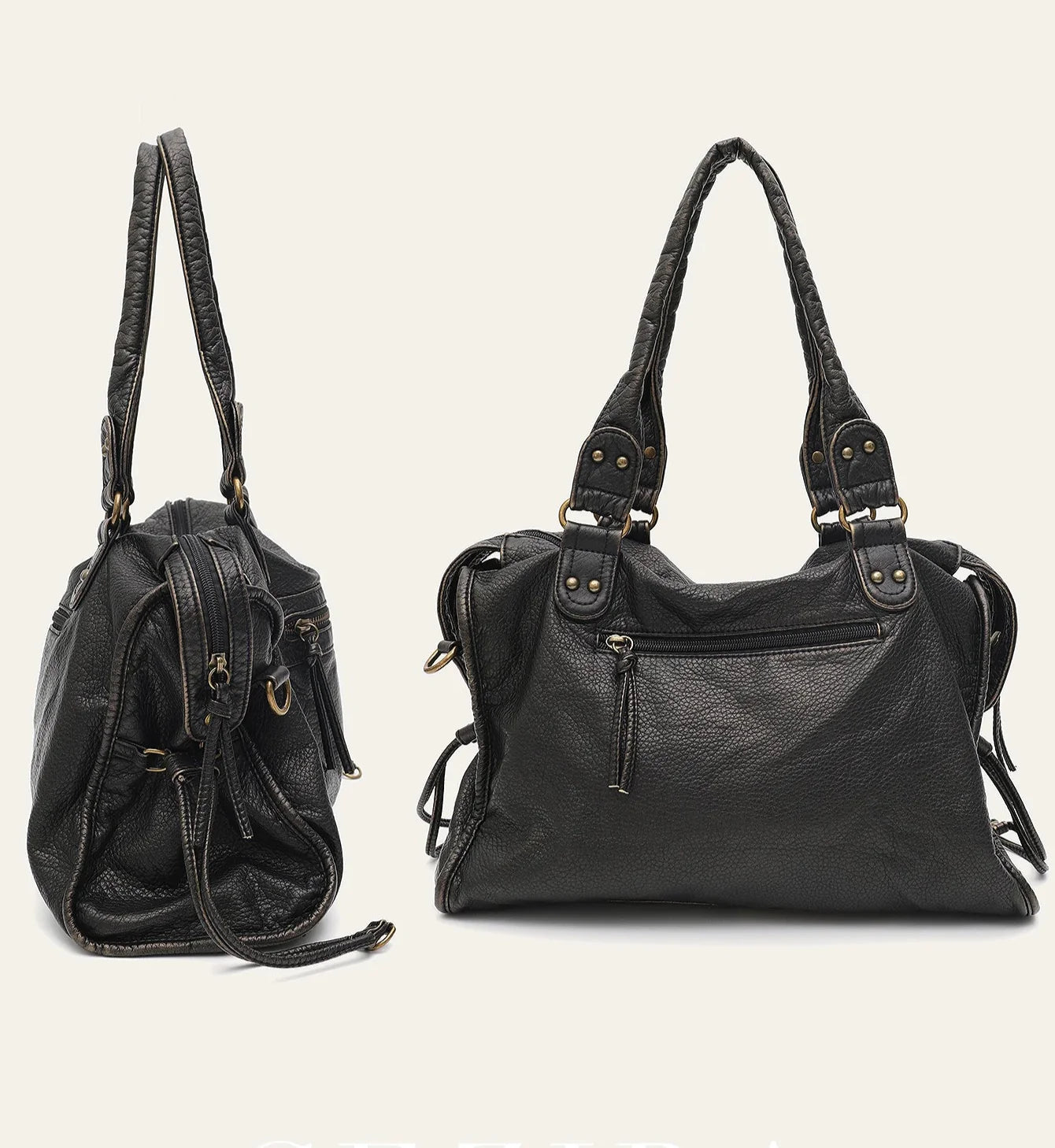 Shoulder Bag in Faux Leather with Top Handles and Crossbody Strap