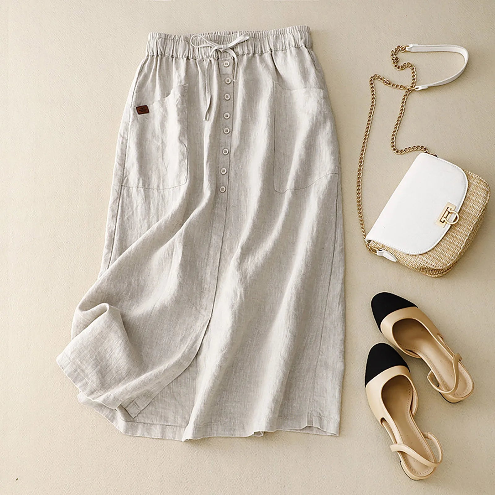 Women's Linen Blend Button Front Midi Skirt