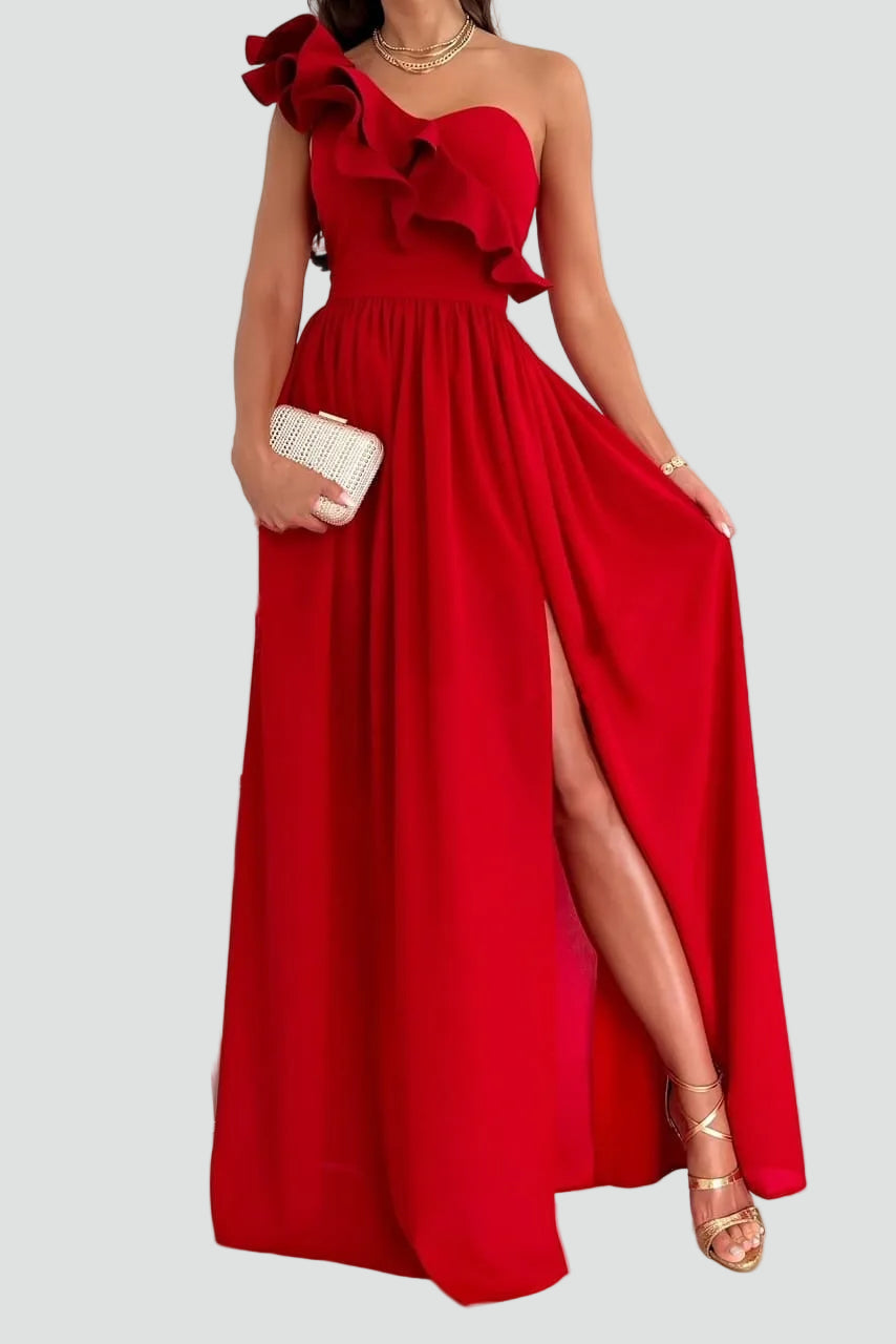 One-Shoulder Maxi Dress with Ruffle Detail and Side Slit