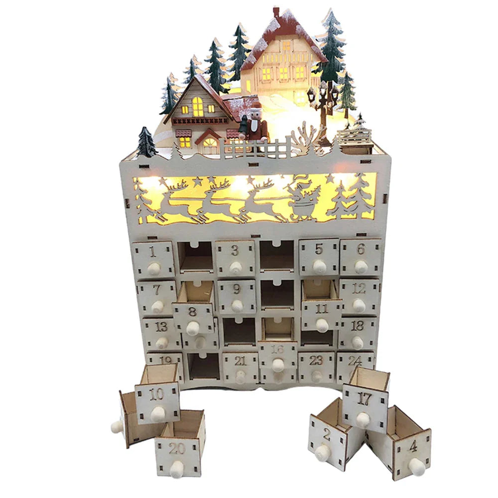 Calendrier de l’Avent en bois avec scène de village de rennes lumineuse