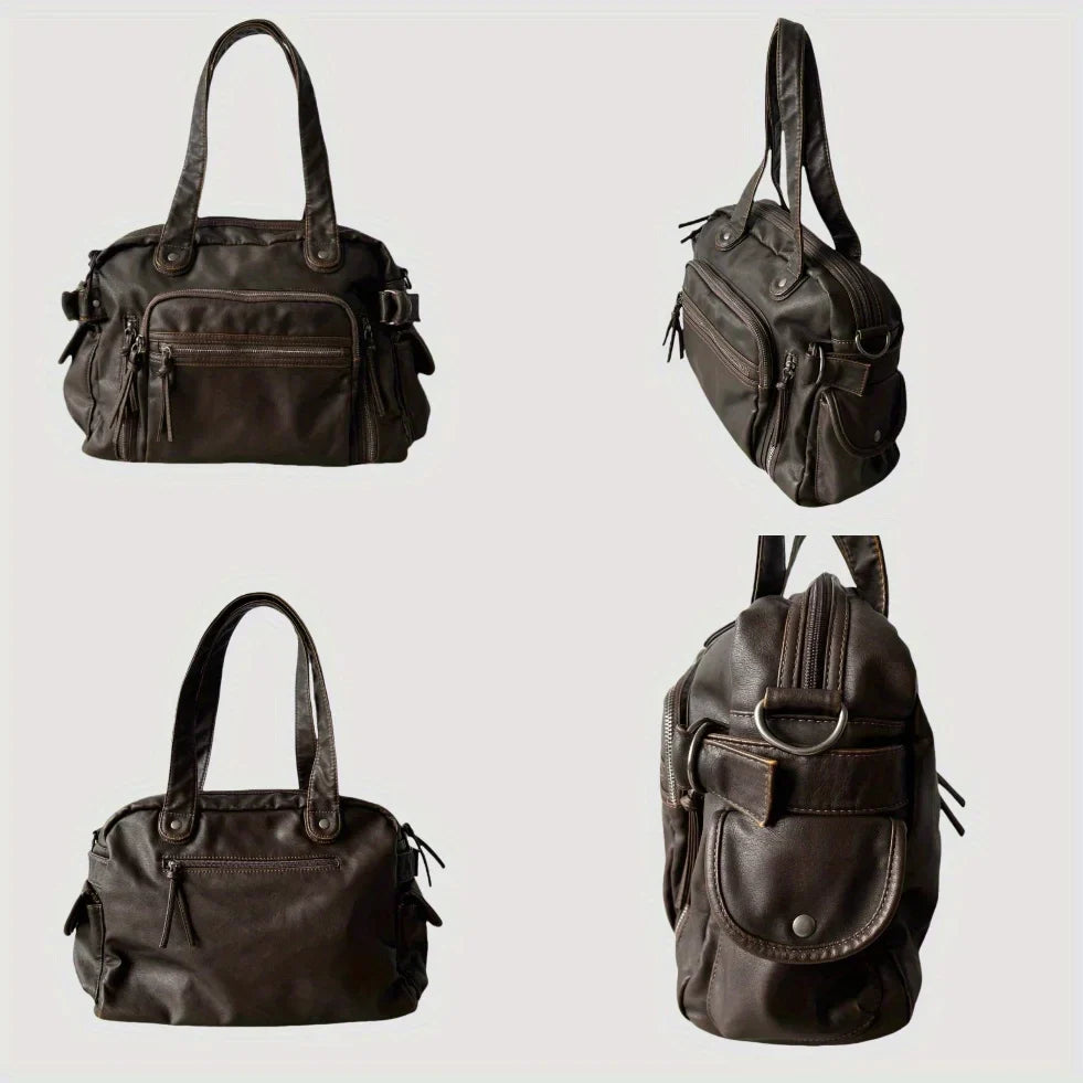 Shoulder Bag in Faux Leather with Multiple Zip Pockets