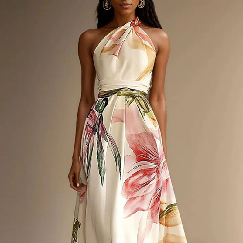 Women's Floral Halterneck Maxi Dress in Chiffon for Summer Occasions