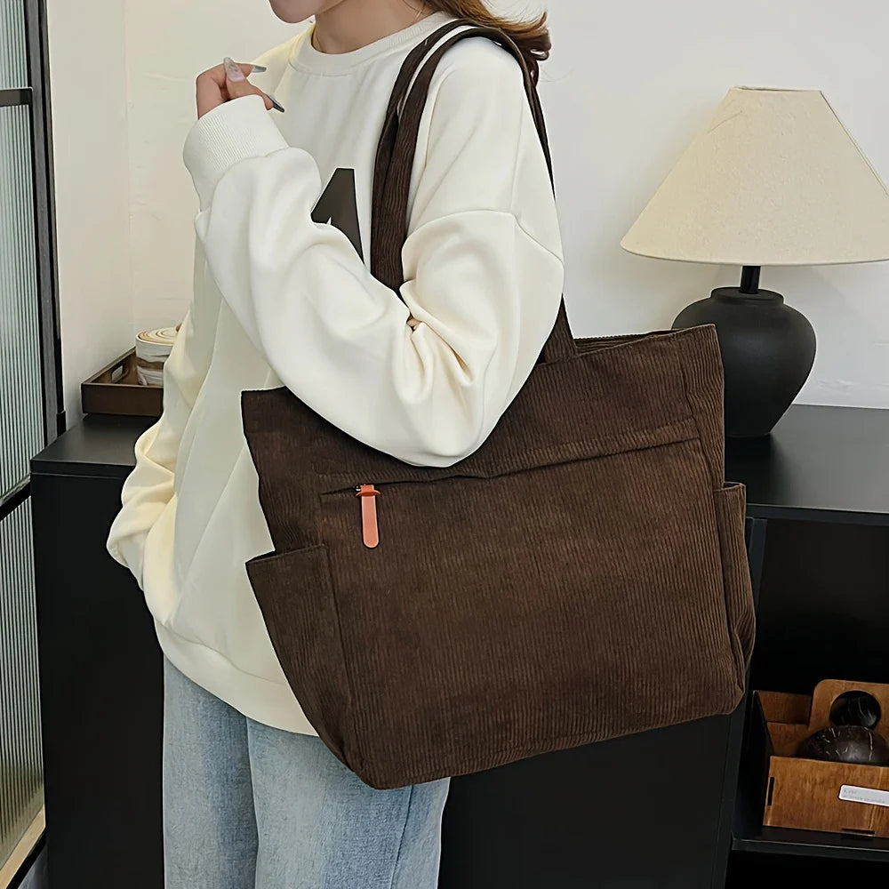 Tote Bag in Corduroy with Side Pocket for Everyday Use