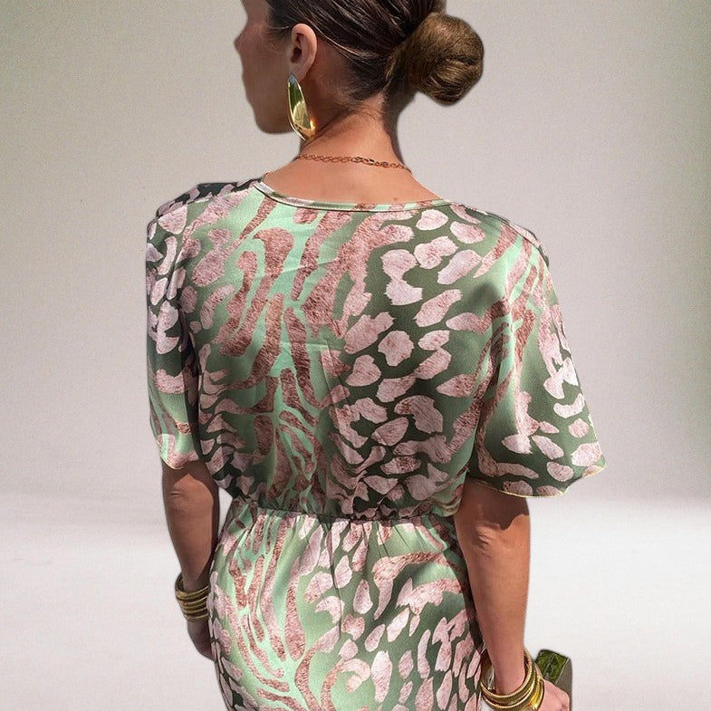 Printed Maxi Dress with Deep V-Neck and Kimono Sleeves