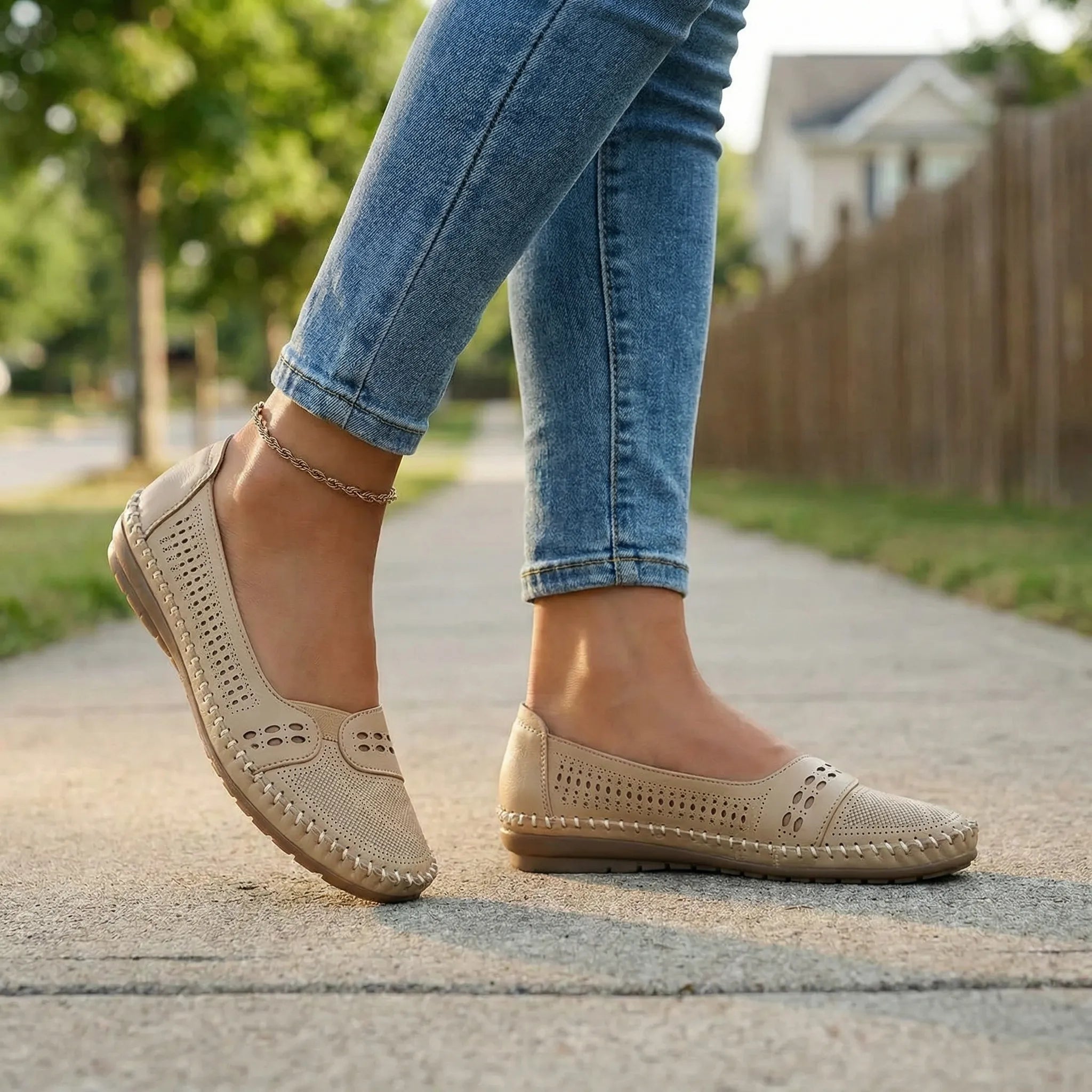 Perforated Slip-On Flats with Stitched Trim