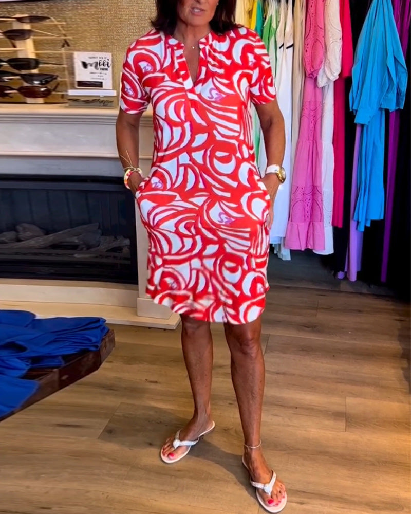 Women's Printed Cotton Blend Shift Dress with Pockets