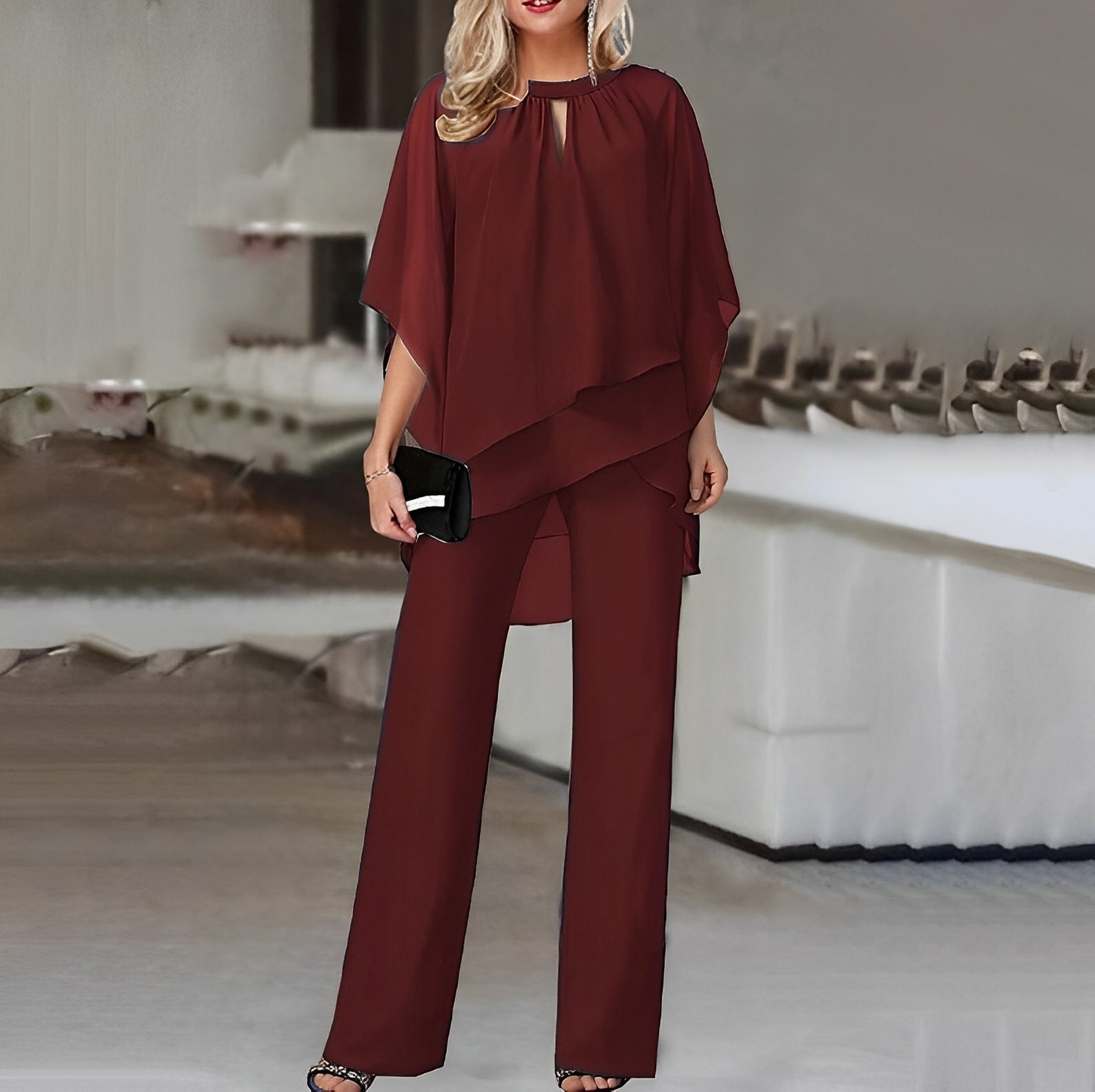 Women's Chiffon Overlay Top and Wide Leg Trouser Set