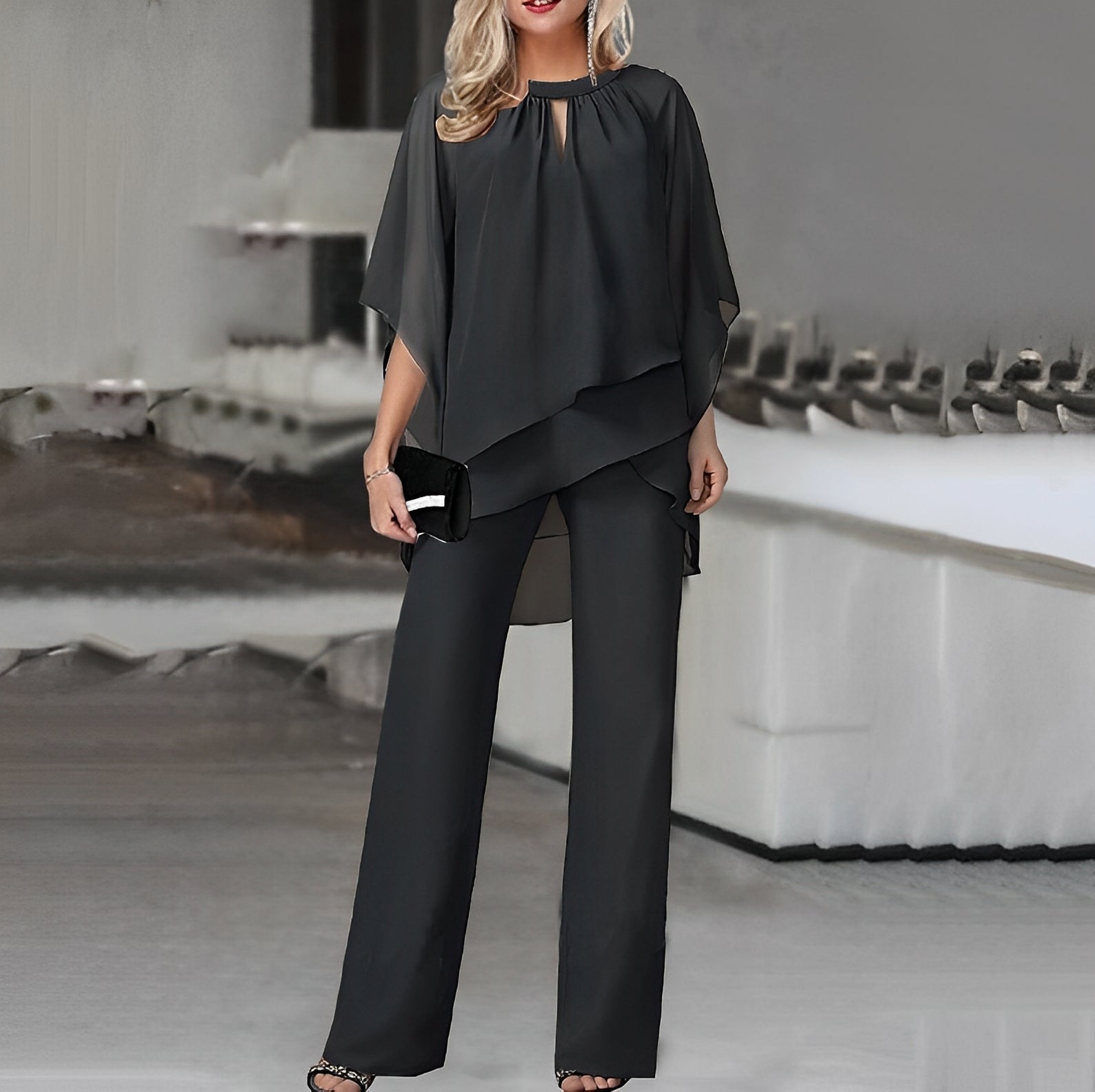 Women's Chiffon Overlay Top and Wide Leg Trouser Set