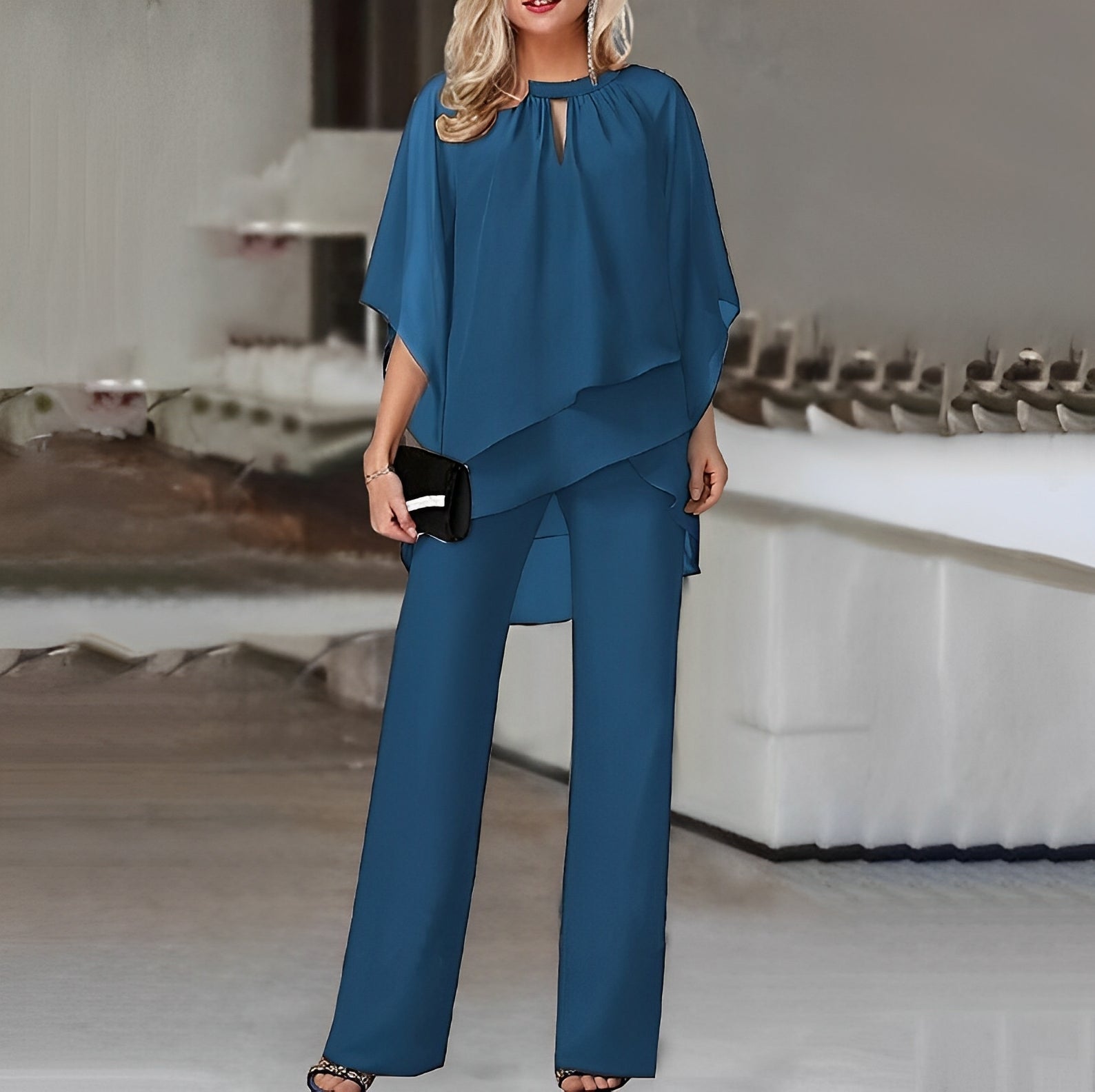 Women's Chiffon Overlay Top and Wide Leg Trouser Set