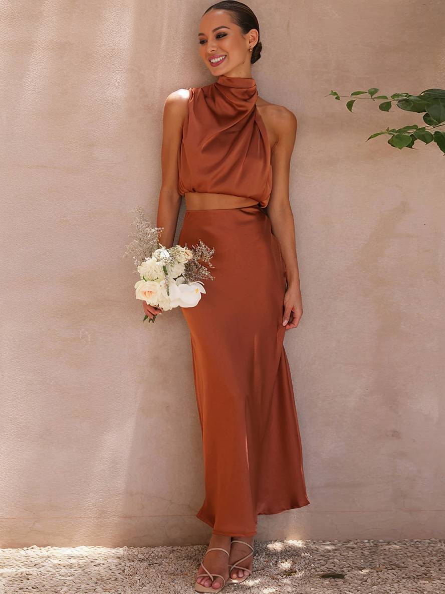 Women's Satin Halter Top & Maxi Skirt Co-Ord Set