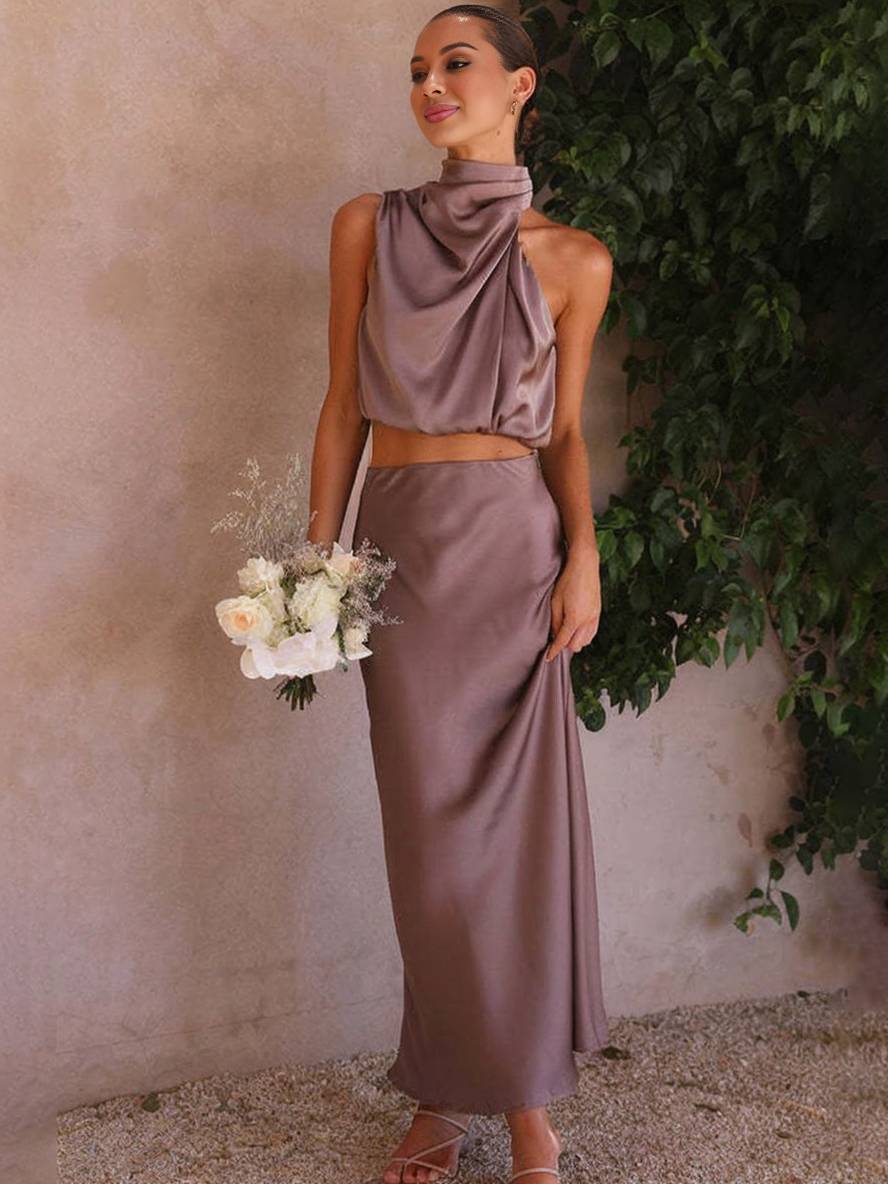 Women's Satin Halter Top & Maxi Skirt Co-Ord Set