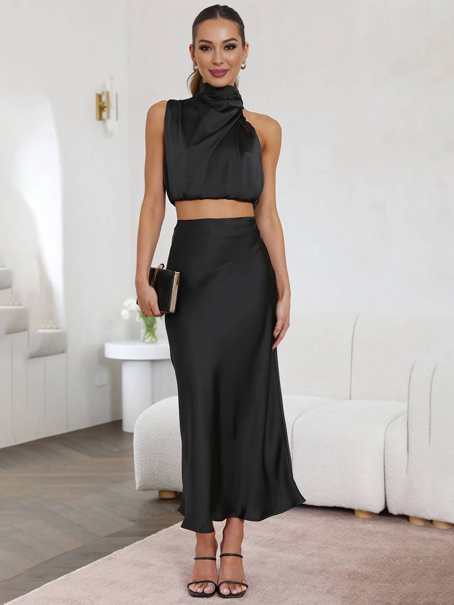 Women's Satin Halter Top & Maxi Skirt Co-Ord Set