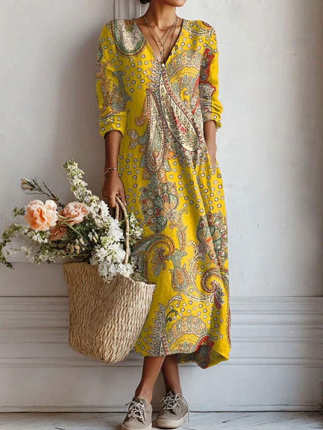 Floral Print Midi Dress with V-Neckline