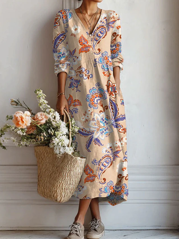 Floral Print Midi Dress with V-Neckline