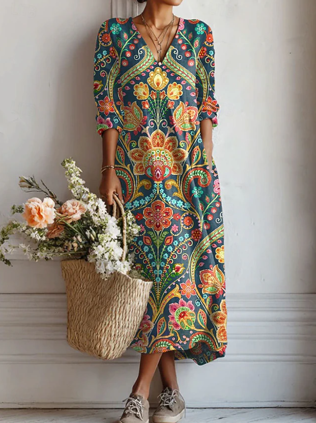 Floral Print Midi Dress with V-Neckline