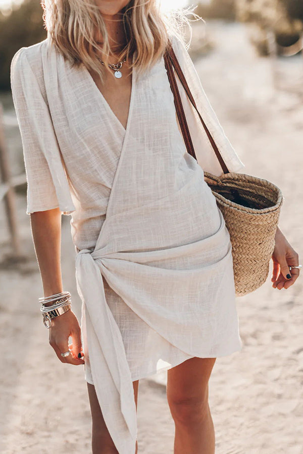 Lightweight Wrap Mini Dress with Tie Waist
