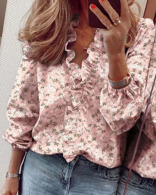Ruffle-Trim Blouse with V-Neckline