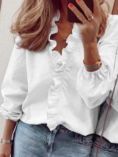 Ruffle-Trim Blouse with V-Neckline