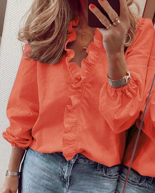 Ruffle-Trim Blouse with V-Neckline